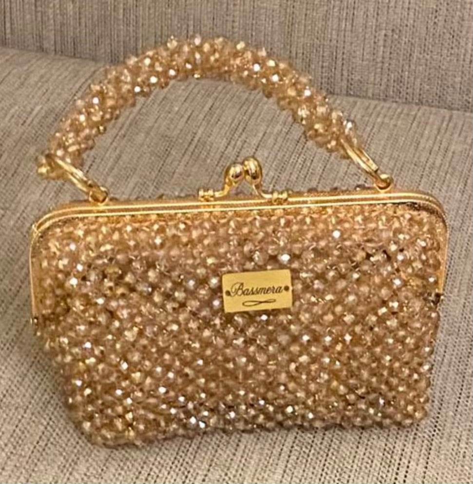 Bassmera handcrafted crystal beaded bag in champagne gold