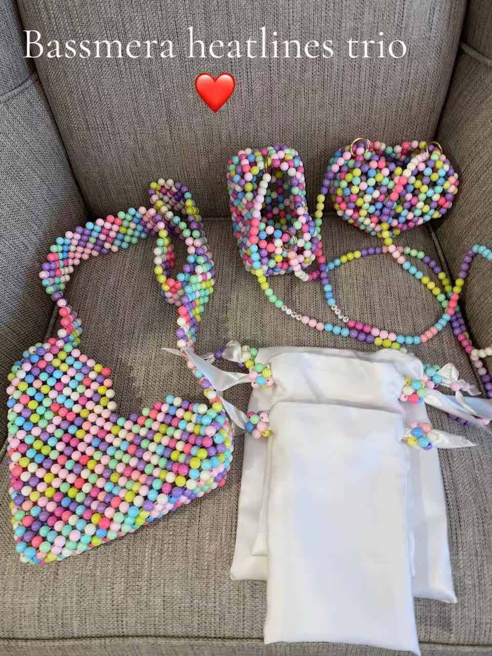 `Bassmera Heartline Trio – handcrafted bead heart bag set for mother and daughters, made-to-order`
