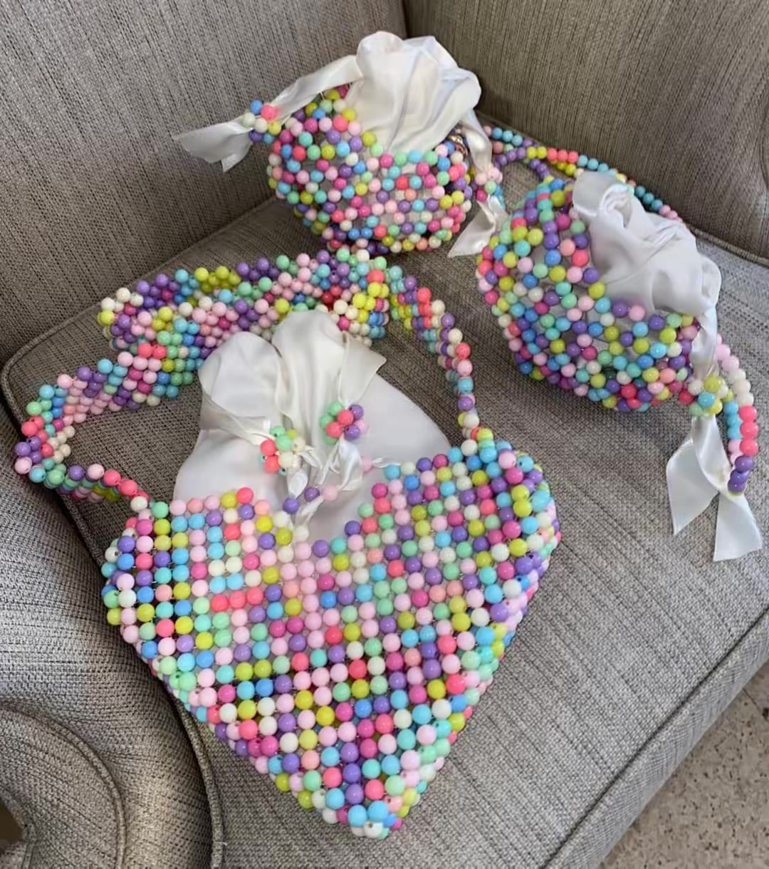`Bassmera Heartline Trio – large heart bead bag and two small heart bead bags, made-to-order`