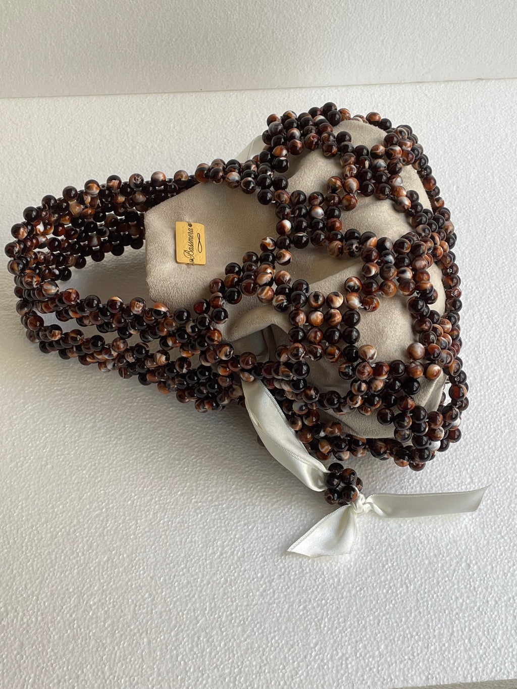 Noisette top handle beaded bag – warm beige and bronze tones, handcrafted by Bassmera