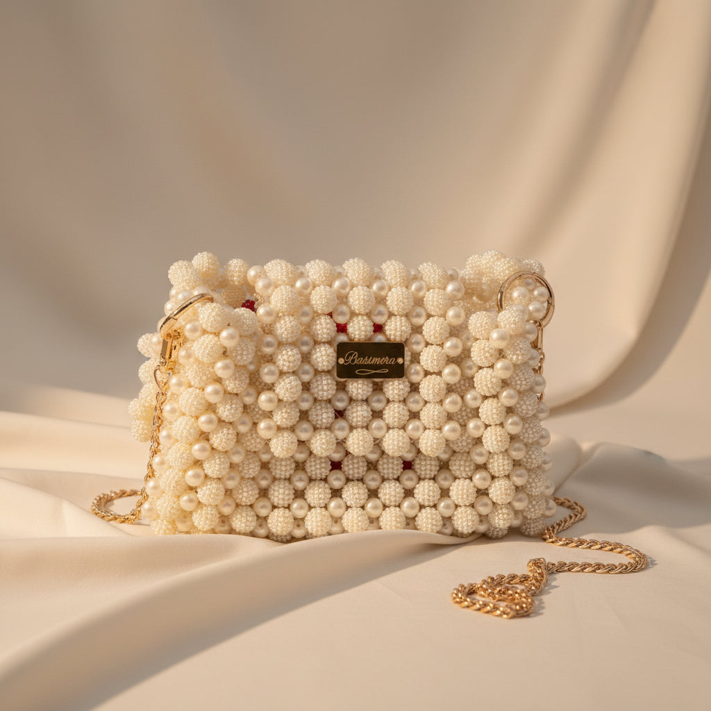 `Bassmera Perlinea – off-white handcrafted bead bag with acrylic berry beads, made-to-order`