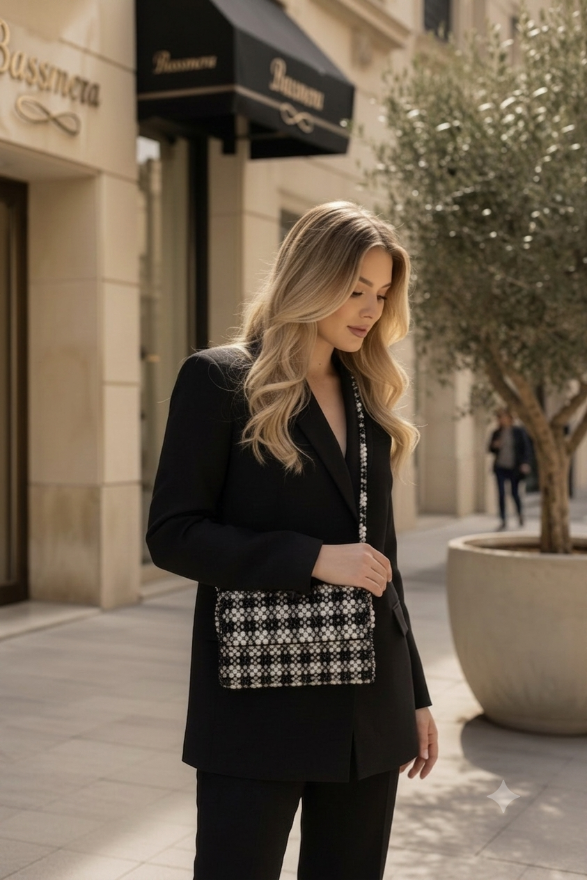 Model wearing Bassmera Tweeda houndstooth beaded crossbody bag over black blazer suit, standing in front of Bassmera store exterior, outdoor editorial shot in natural daylight
